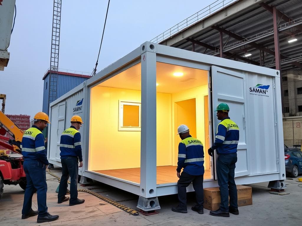 SAMAN team installing portable cabin at Greater Noida industrial site SAMAN team installing portable cabin at Greater Noida industrial site