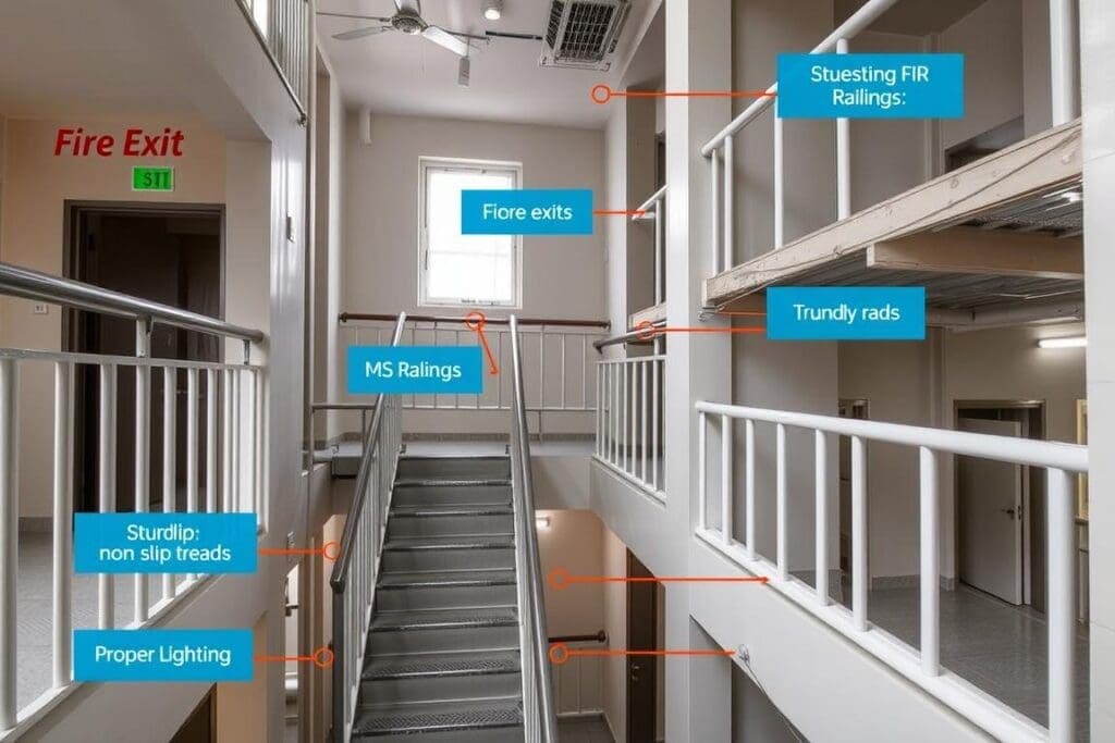 Safety features in G+2 labour colony including fire exits and railings Safety features in G+2 labour colony including fire exits and railings