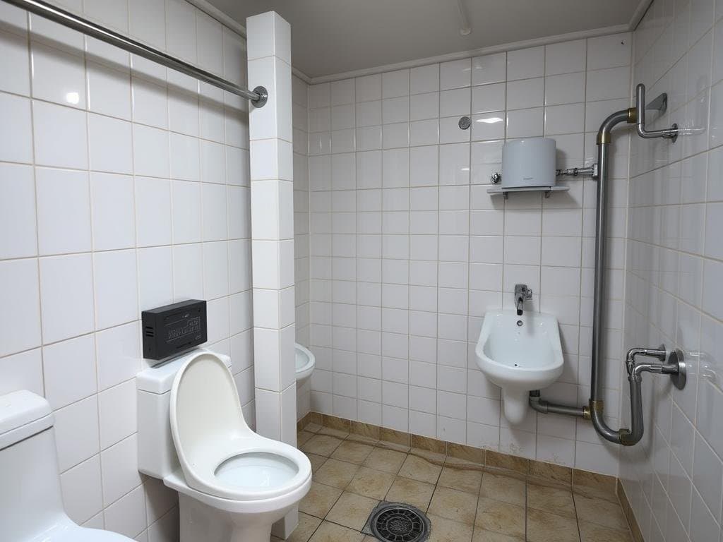 Sanitation block in a Greater Noida labour colony showing toilet and washing facilities Sanitation block in a Greater Noida labour colony showing toilet and washing facilities
