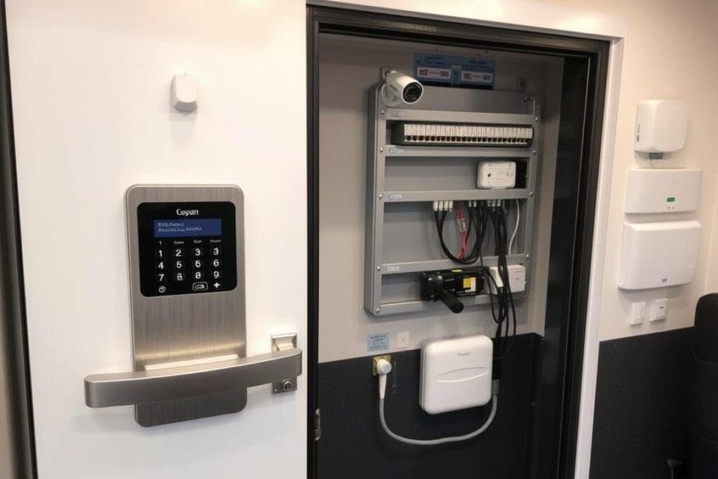 Security features of a premium portable office cabin in Defence Colony Security features of a premium portable office cabin in Defence Colony