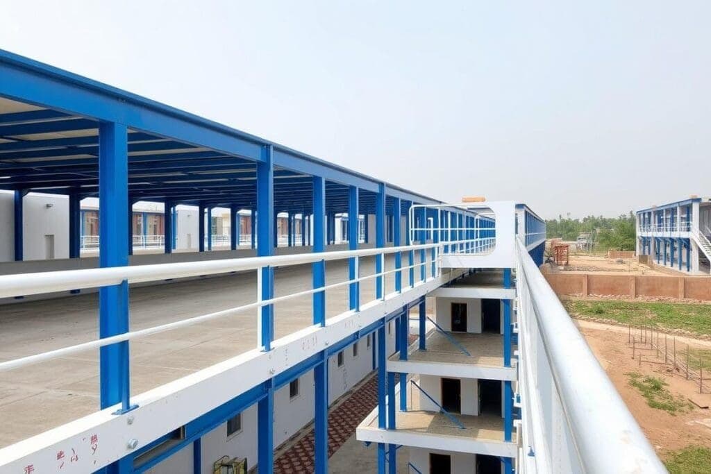 Side angle of prefab labour hutment with walkway and safety railings in Beta Sector, Greater Noida Side angle of prefab labour hutment with walkway and safety railings in Beta Sector, Greater Noida
