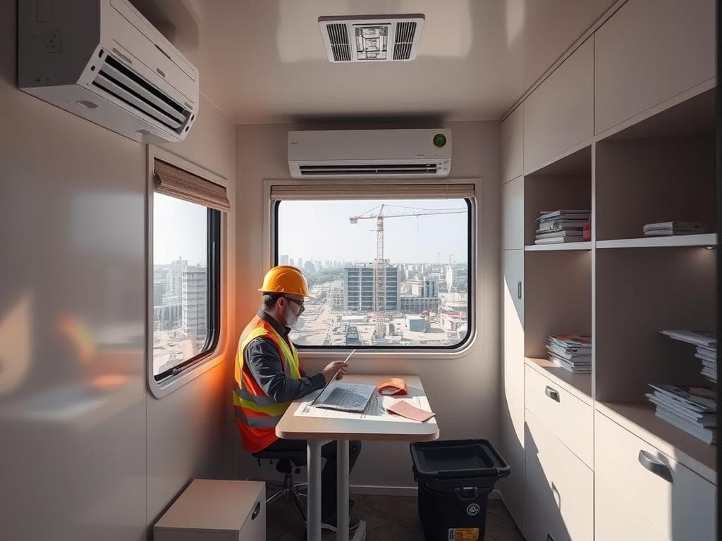 Site manager working inside a portable office cabin in Rohini, North Delhi Site manager working inside a portable office cabin in Rohini, North Delhi