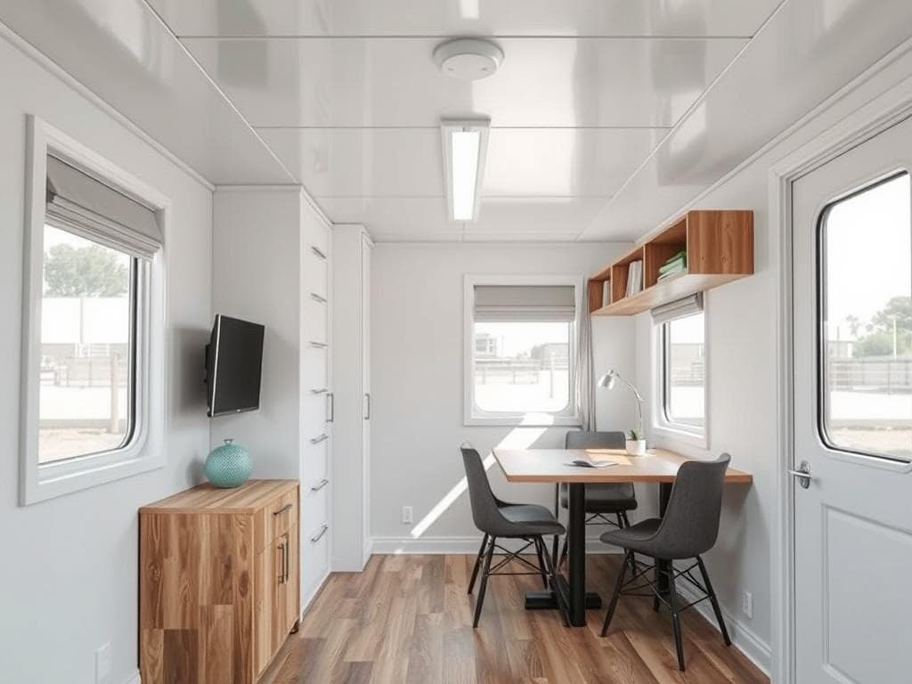 Space-efficient interior layout of portable office cabin Space-efficient interior layout of portable office cabin