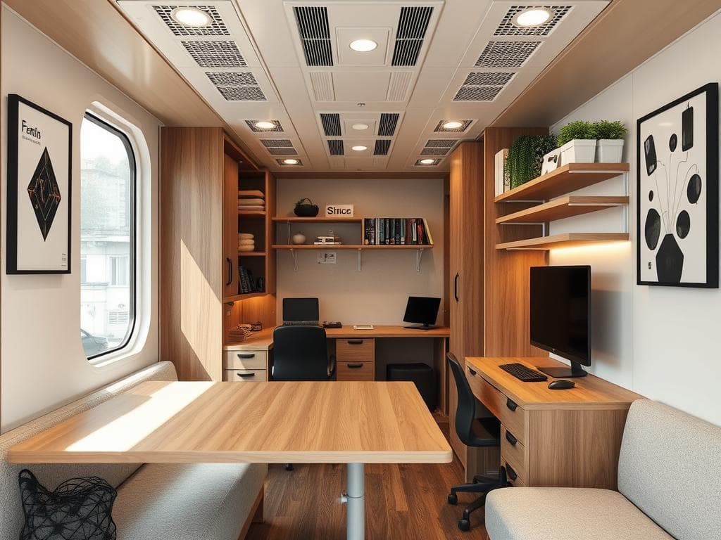 Space-efficient interior of portable office cabin in Delhi Space-efficient interior of portable office cabin in Delhi