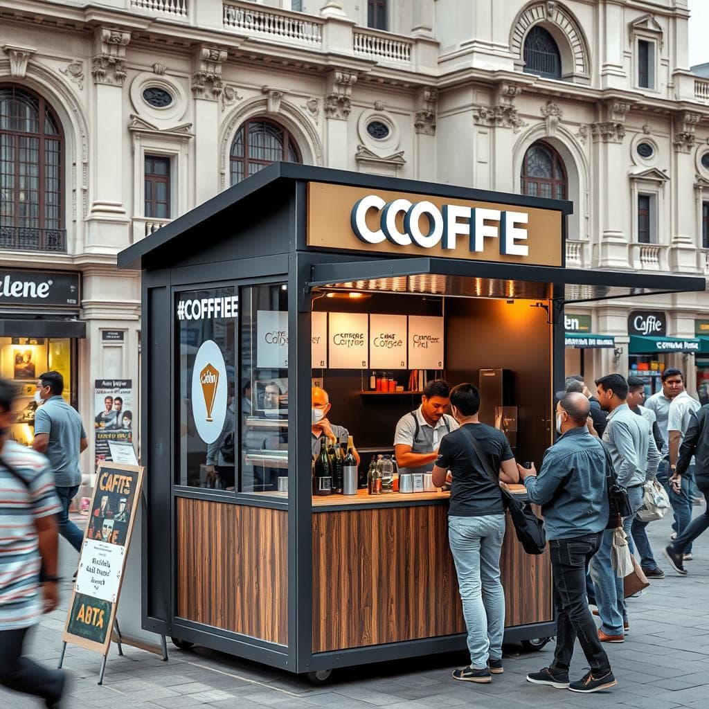 Stylish coffee kiosk portable cabin in Connaught Place with customers Stylish coffee kiosk portable cabin in Connaught Place with customers