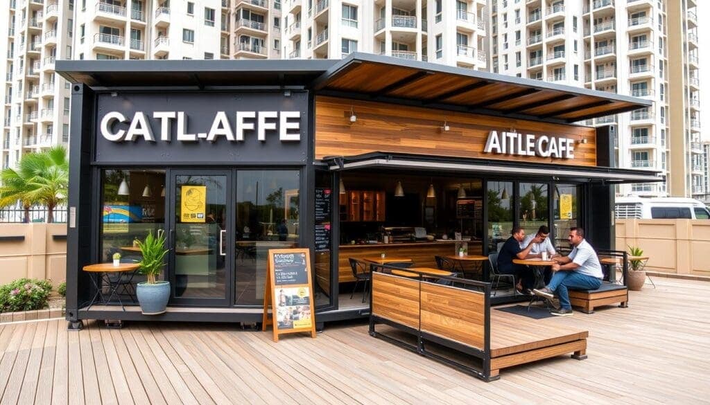 Stylish container cafe in Sector 137, Noida with modern exterior design and branding Stylish container cafe in Sector 137, Noida with modern exterior design and branding