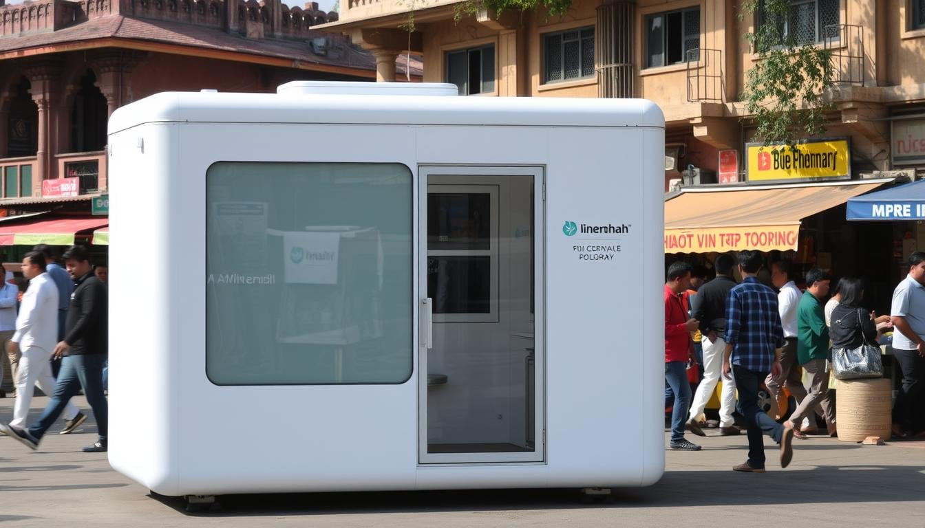 Stylish portable cabin in a busy Central Delhi market with modern glass facade and branding
