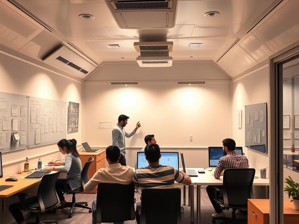 Tech startup team working in a portable cabin office in Udyog Vihar Tech startup team working in a portable cabin office in Udyog Vihar
