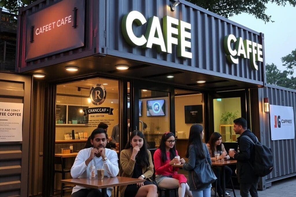 Trendy container cafe in Rajouri Garden with young customers and nighttime lighting Trendy container cafe in Rajouri Garden with young customers and nighttime lighting