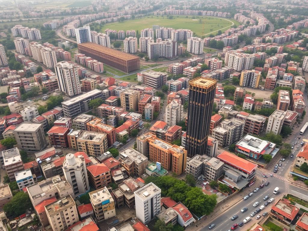Urban development challenges in West Delhi showing limited space between buildings Urban development challenges in West Delhi showing limited space between buildings