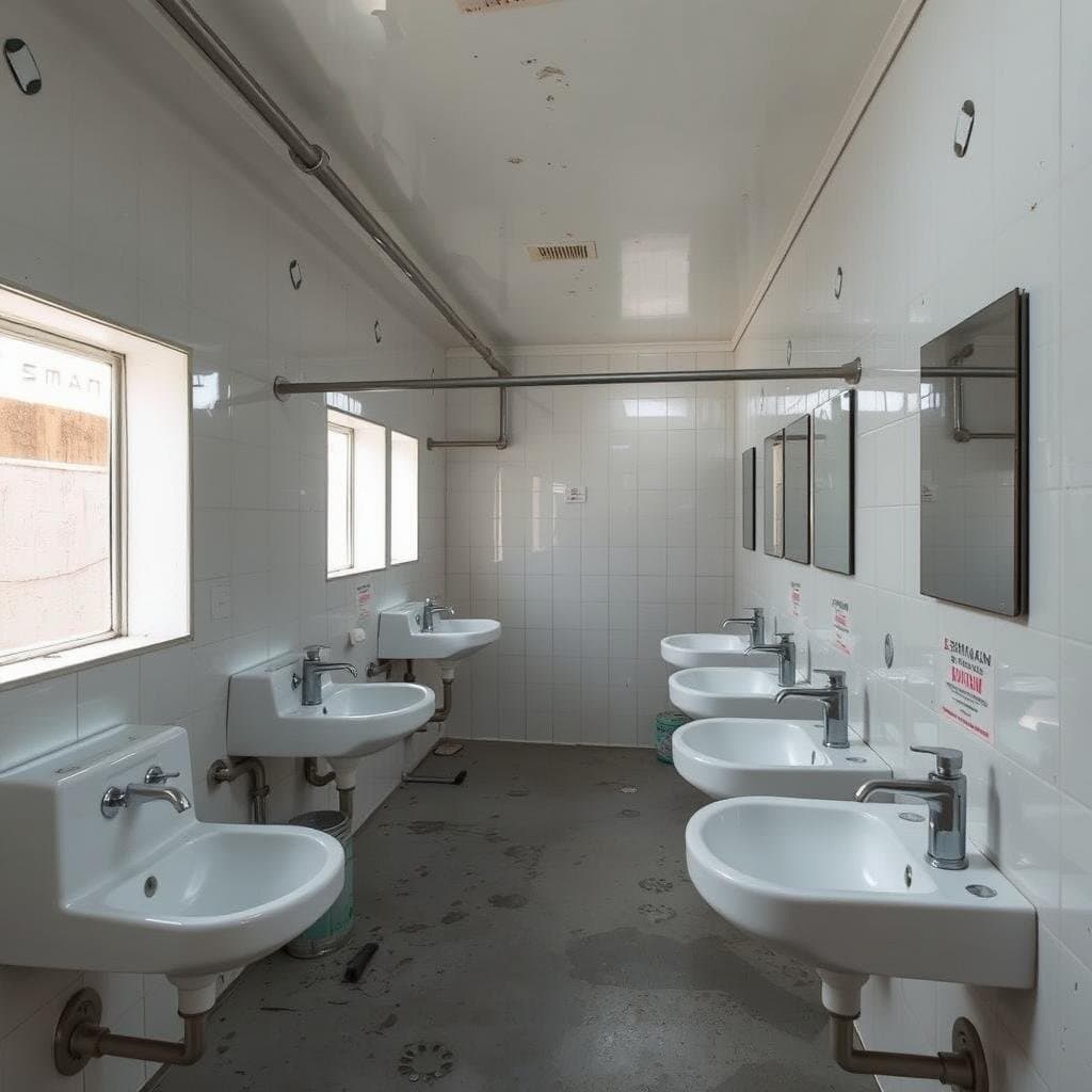 Washing area with multiple stations in a Greater Noida labour colony Washing area with multiple stations in a Greater Noida labour colony