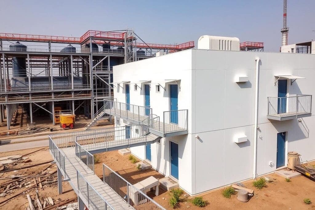 White PUF-panelled labour block next to factory in Gamma Sector, Greater Noida White PUF-panelled labour block next to factory in Gamma Sector, Greater Noida