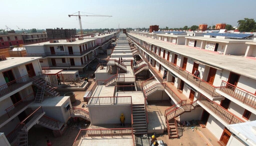 Wide view of SAMAN Portable's completed worker accommodation with PUF panels in West Delhi Wide view of SAMAN Portable's completed worker accommodation with PUF panels in West Delhi