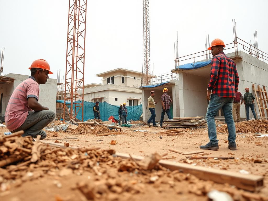 Workers at a construction site in Noida Sector 62 Workers at a construction site in Noida Sector 62