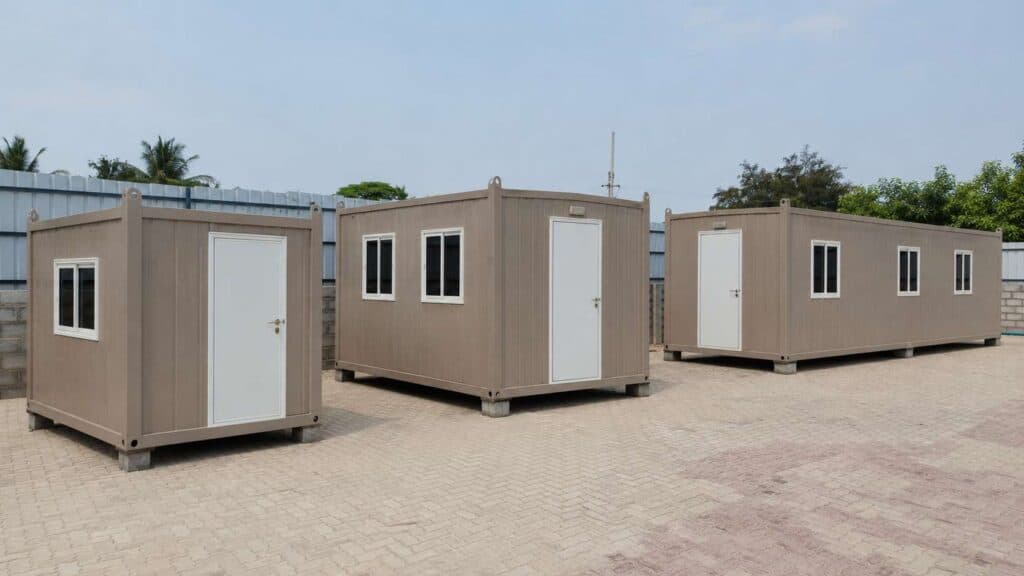 Three Warm Taupe mobile office units in 10×10, 20×10 and 30×10 ft sizes lined up at a business compound