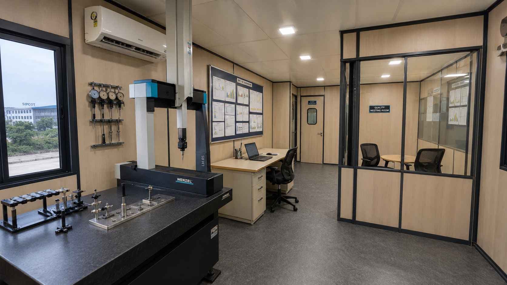 Multi-room SAMAN MS porta cabin interior in Graphite Black, Tier-1 supplier QC lab Hosur.