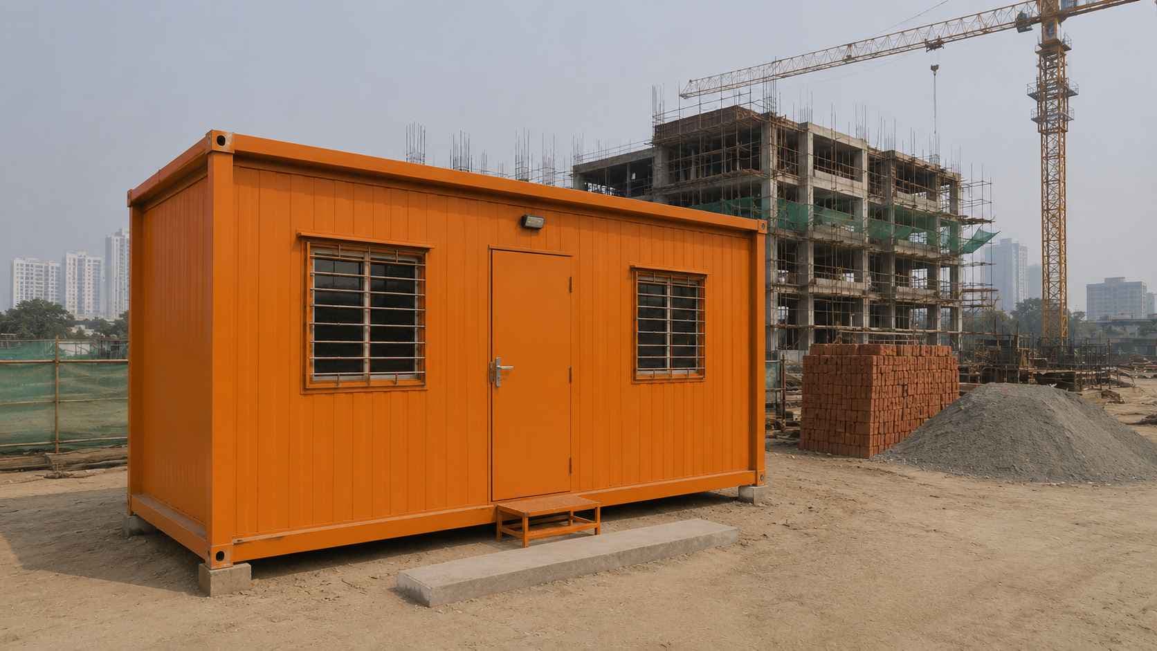 A Safety Orange porta cabin in use as a site office at an active NCR construction project with city backdrop.
