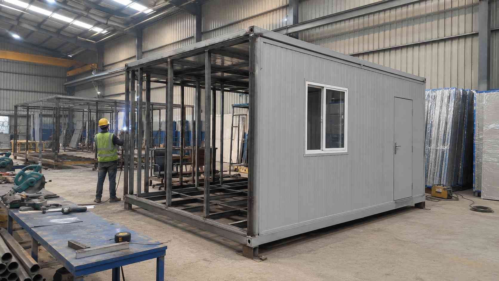 A Pearl Grey porta cabin under assembly with exposed MS steel frame at SAMAN's Greater Noida factory floor.