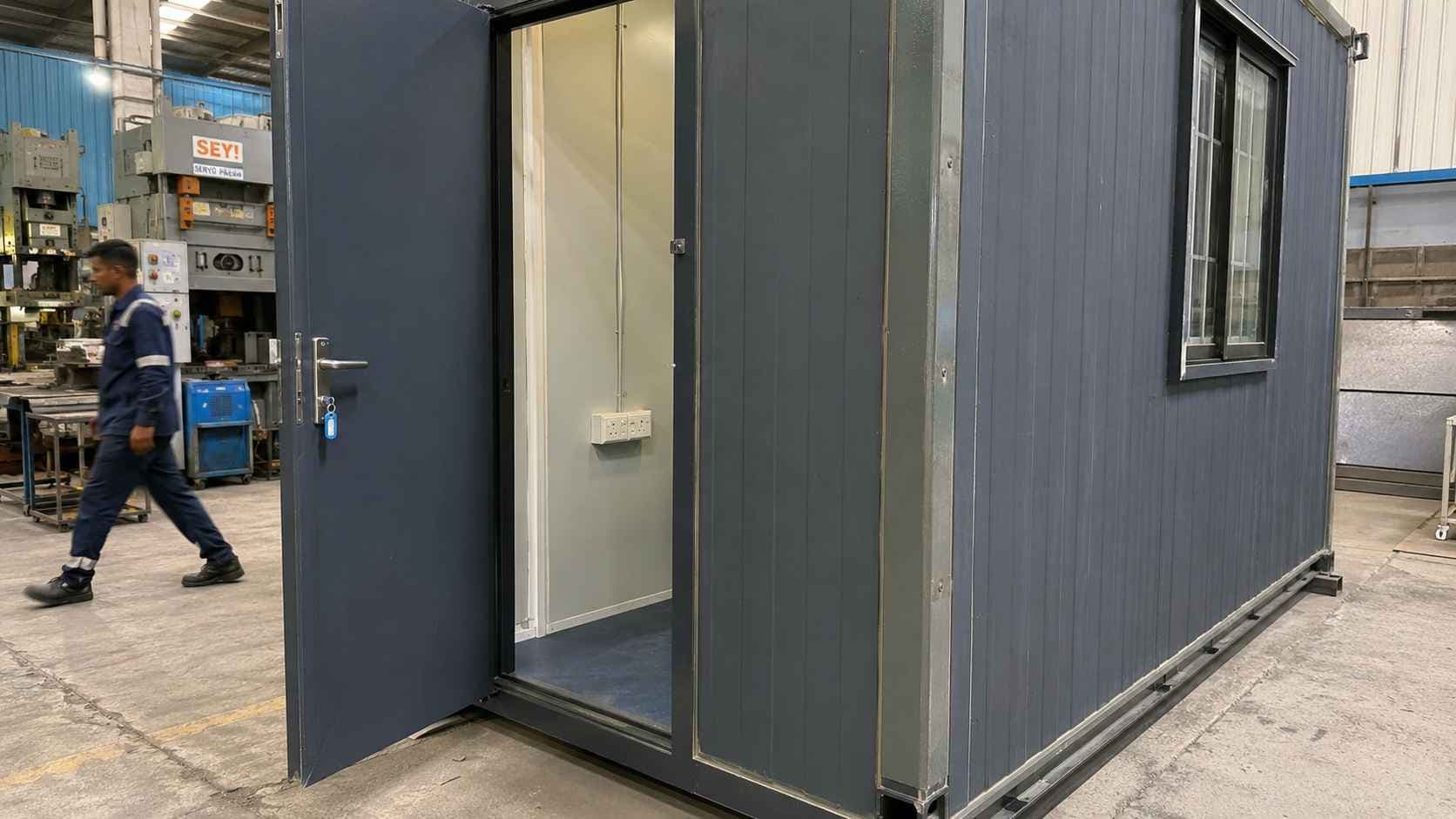 MS-frame porta cabin in Slate Charcoal showing reinforced floor and tight panel joints next to a Peenya Phase 1 sheet-metal shop floor.