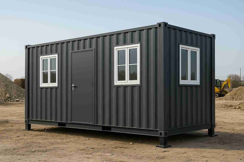 Modular stackable container office with four windows