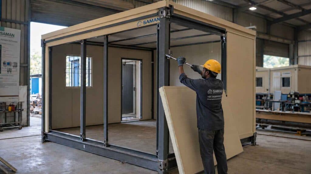 Mild-steel frame and PUF panel of a Sandstone Beige porta cabin during assembly at SAMAN's Indian factory.