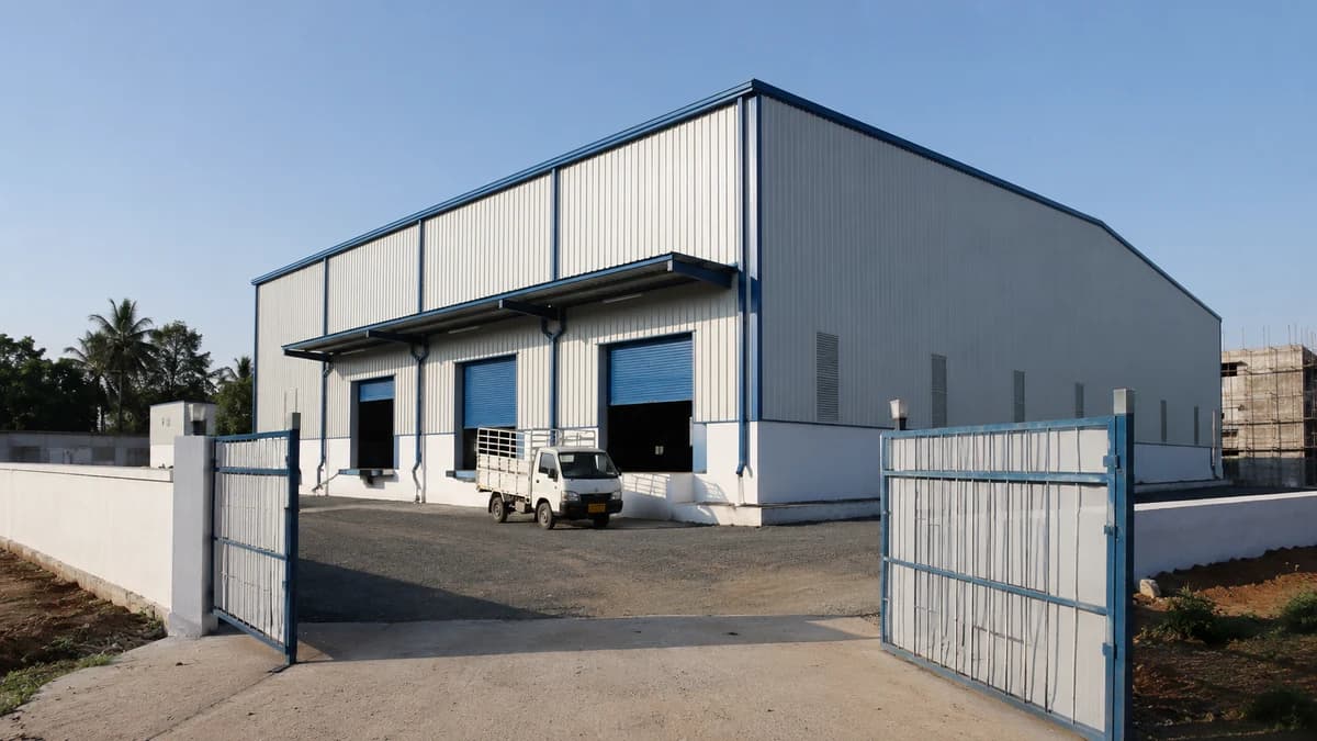 Completed industrial shed handed over on a Bangalore industrial estate with compound gate open