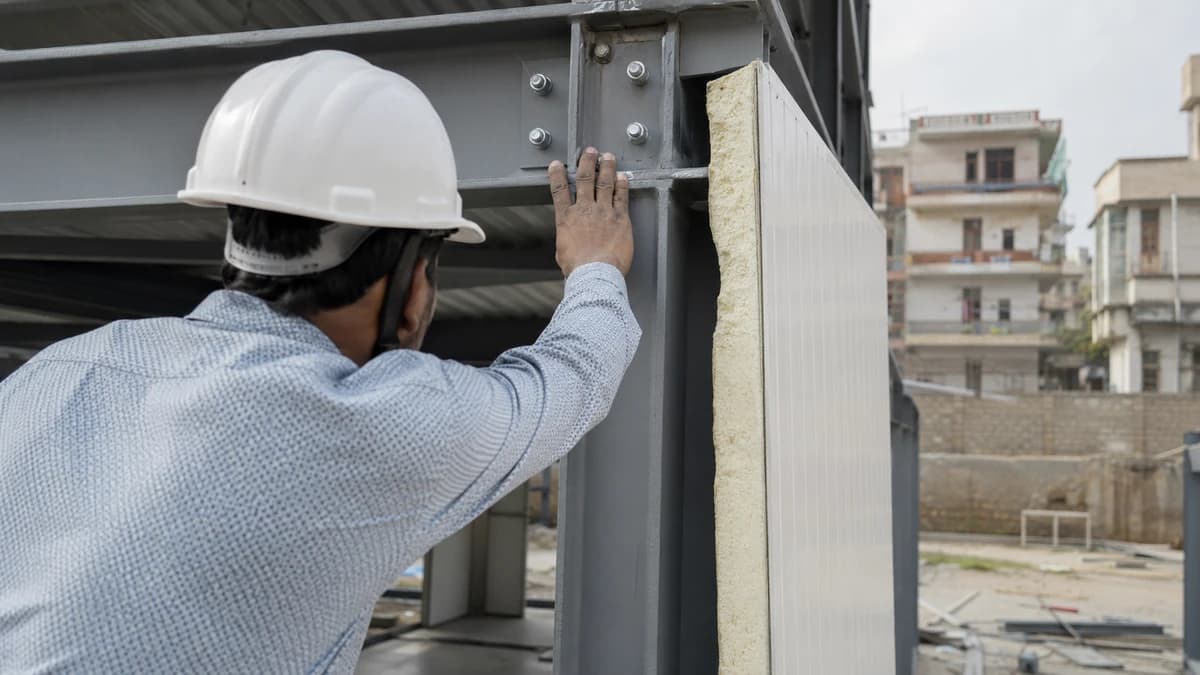 Worker inspecting an IS 2062 steel frame bolt connection beside an insulated wall panel on a modular office