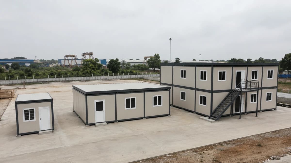 Three modular office buildings of different sizes side by side showing 1,000 to 10,000 sq ft scale in India