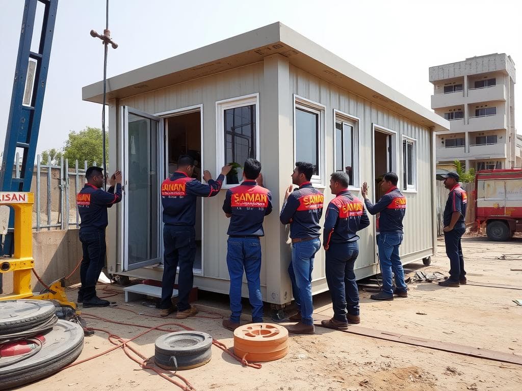 SAMAN team installing a portable cabin at a Ghaziabad site