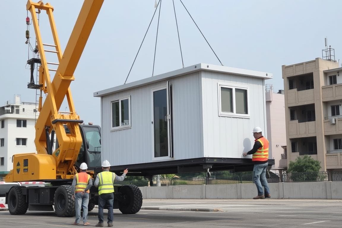 Portable cabin being relocated in Ghaziabad using crane equipment