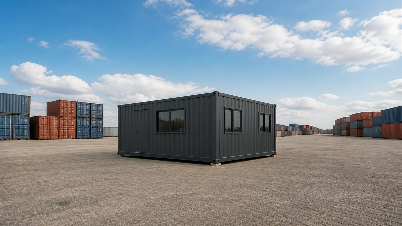 The 20 by 16 ft container marketing office, the smallest plan with its own toilets and pantry