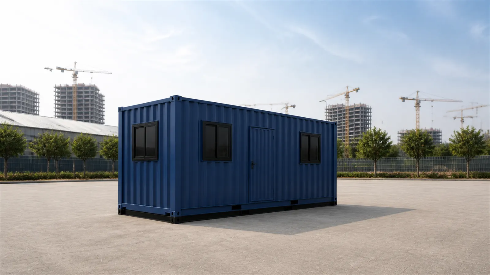 The 20 by 8 ft container marketing office placed at a plot frontage as a single staffed desk