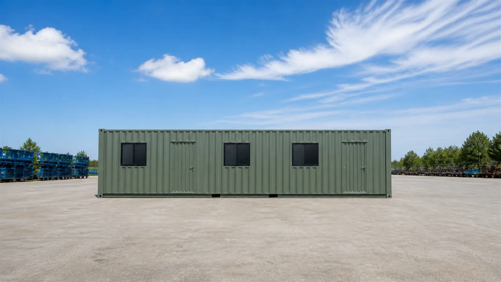 The 40 by 8 ft container marketing office on a narrow frontage with two external doors