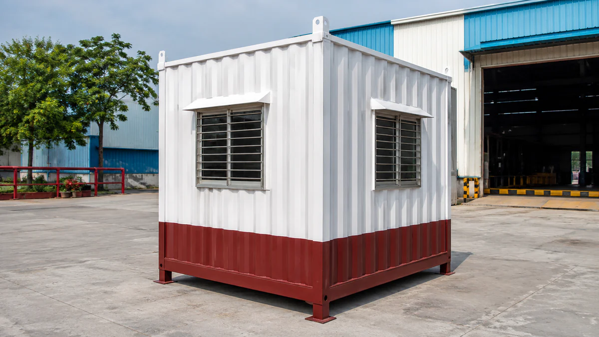 Compact 10x10 ft MS corrugated porta cabin office in white and maroon in SAMAN's factory yard, ready for dispatch