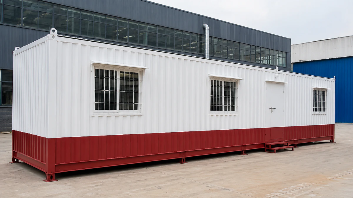 White and maroon 40x10 ft MS corrugated porta cabin site office with three grilled sliding windows, factory-built by SAMAN