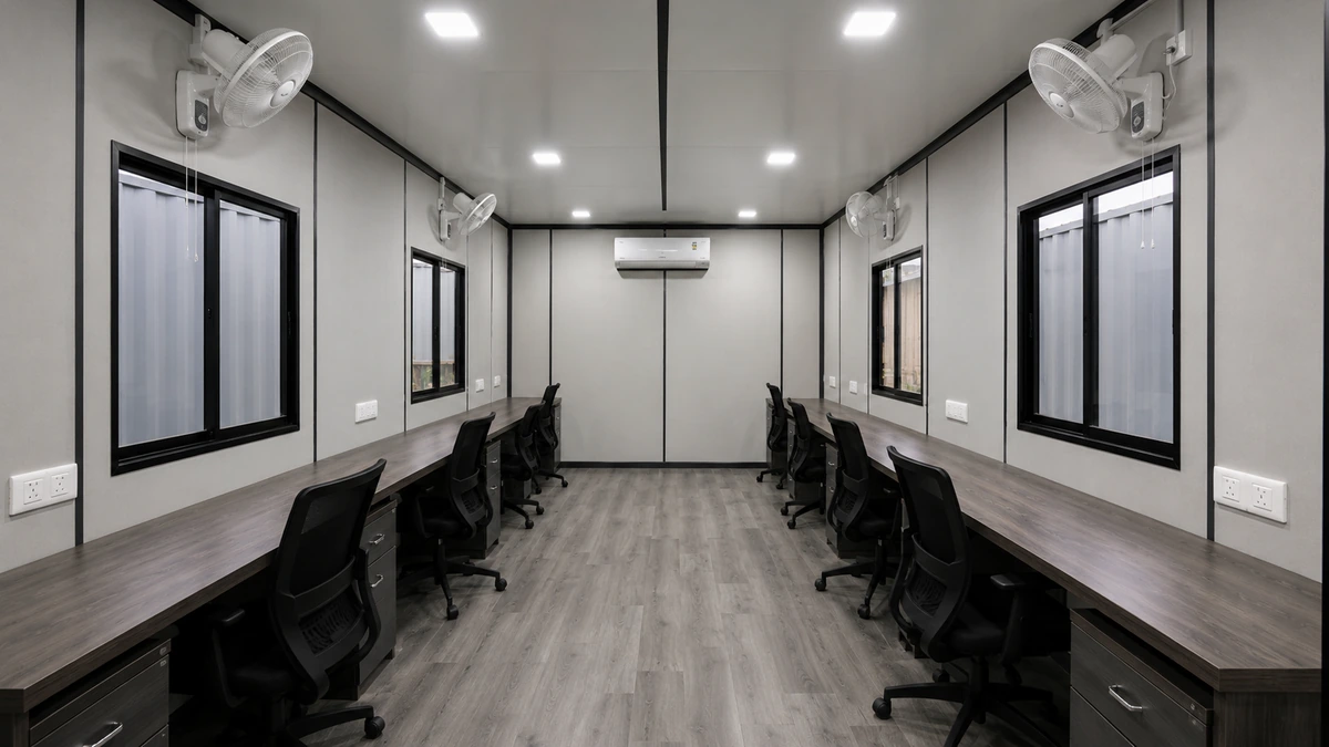 Fitted interior of a container site office for an Erode team