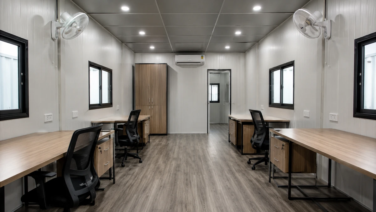 Fitted interior of a container site office for a Rajahmundry team