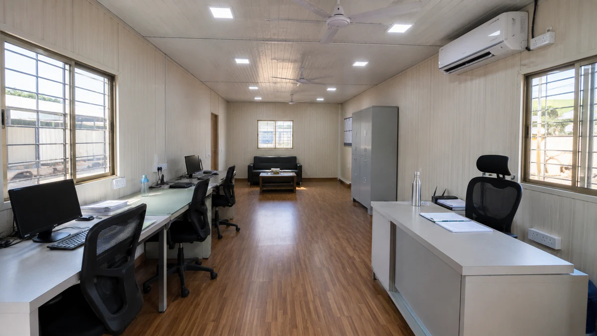 SAMAN MS porta cabin office interior with two desk workstation rows, ergonomic chairs, ceiling fans and LED panel lighting