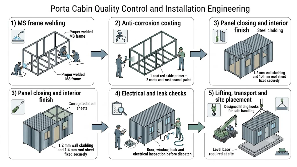 Porta cabin quality control and installation engineering diagram showing pre-dispatch checks, trailer transport and site placement