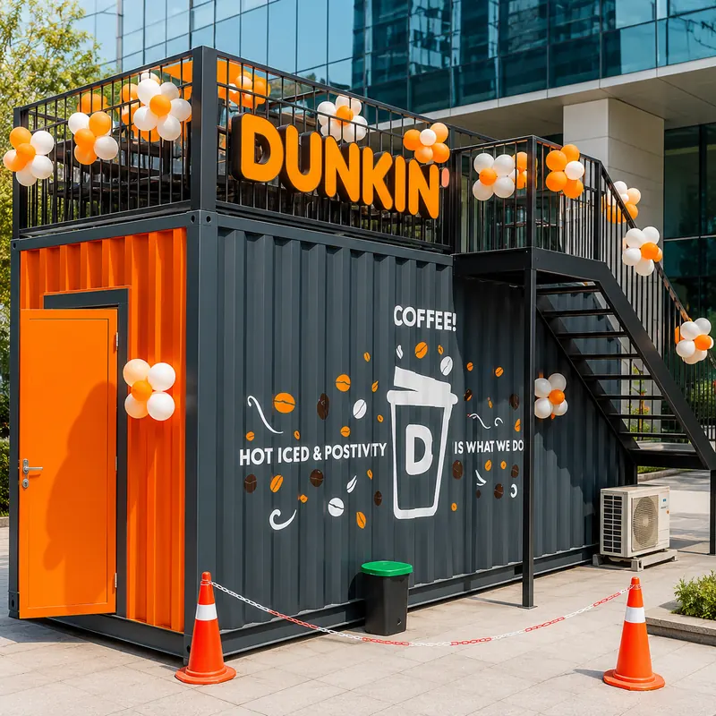 Modern container café with fold-up service window, counter and outdoor seating at golden hour