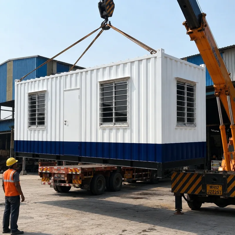 Portable cabin delivered by crane at an Indian worksite with riggers guiding from a safe distance