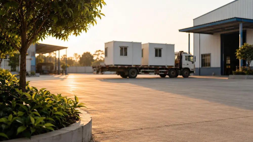 Finished portable cabins ready for dispatch at a SAMAN Portable yard