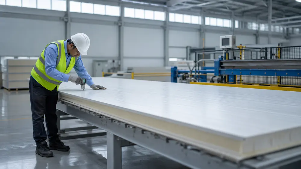 Quality inspection of insulated panels at a SAMAN Portable factory