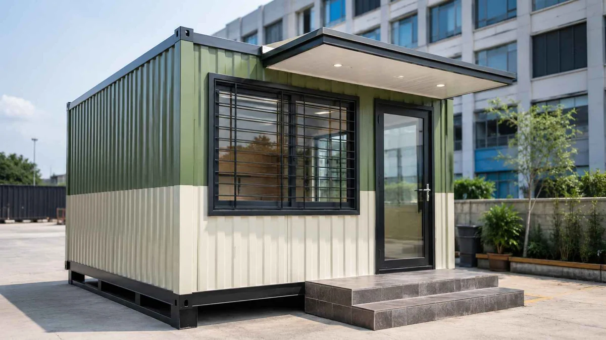 Porta cabin with front canopy used as sales office at an Ahmedabad real-estate project site