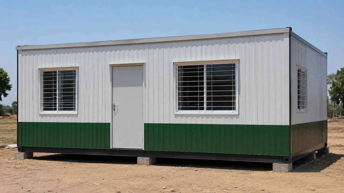 White and green MS porta cabin office at a Bhiwadi industrial estate plot