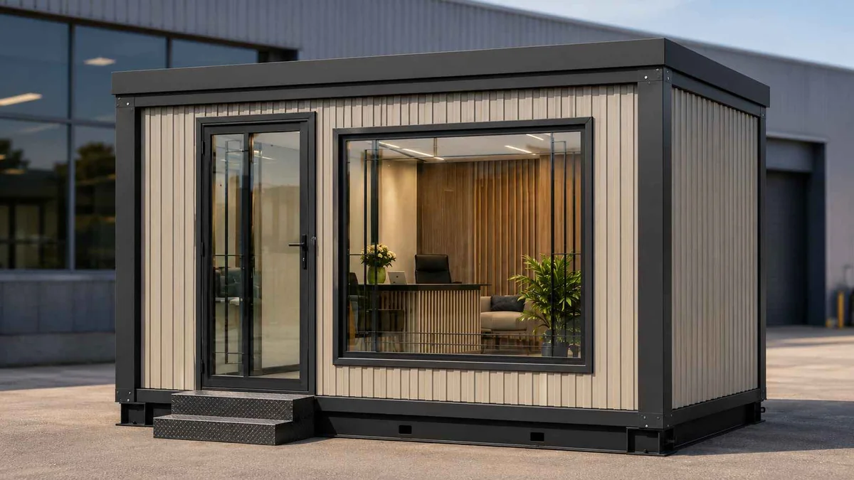 Glass-front MS porta cabin reception office for a Bhopal industrial estate