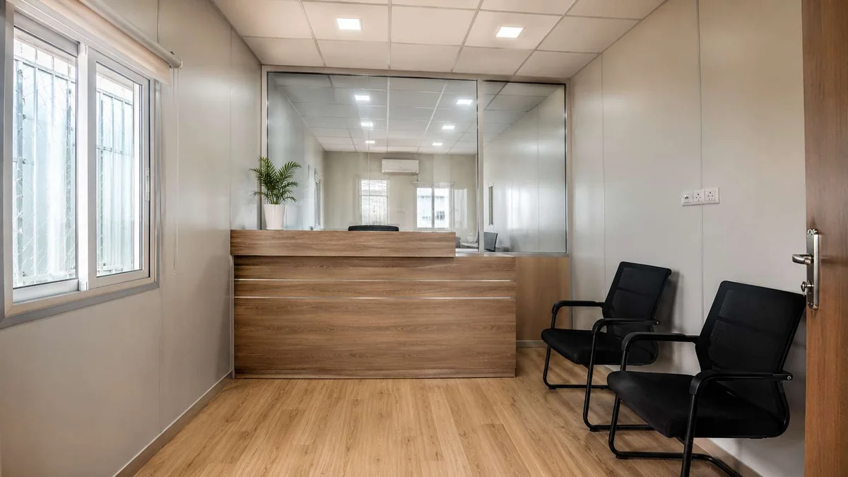White and beige interior of an MS porta cabin office delivered to Bhopal