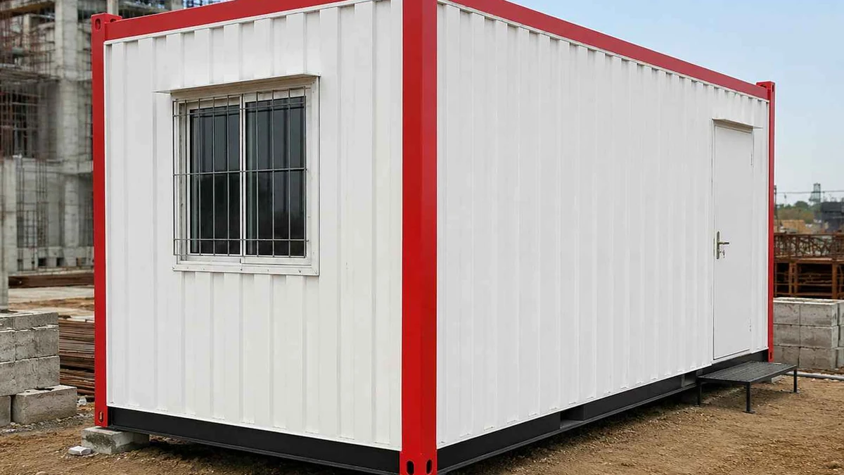 Red-and-white MS porta cabin site office at a Chandigarh Tricity construction project