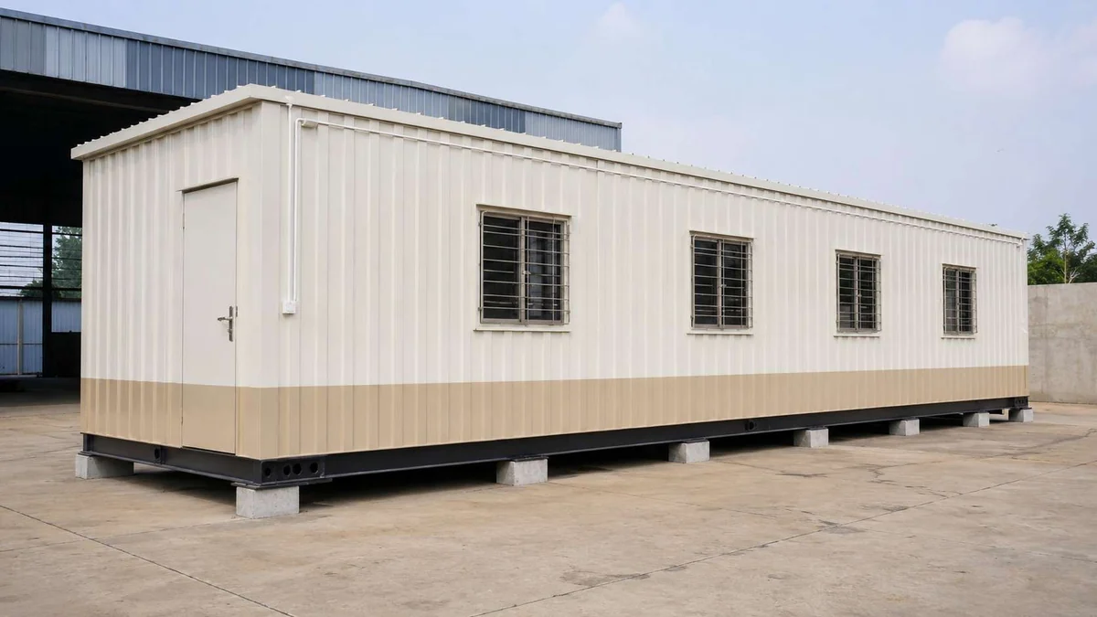 Long MS porta cabin office block side elevation at a Durgapur plant campus