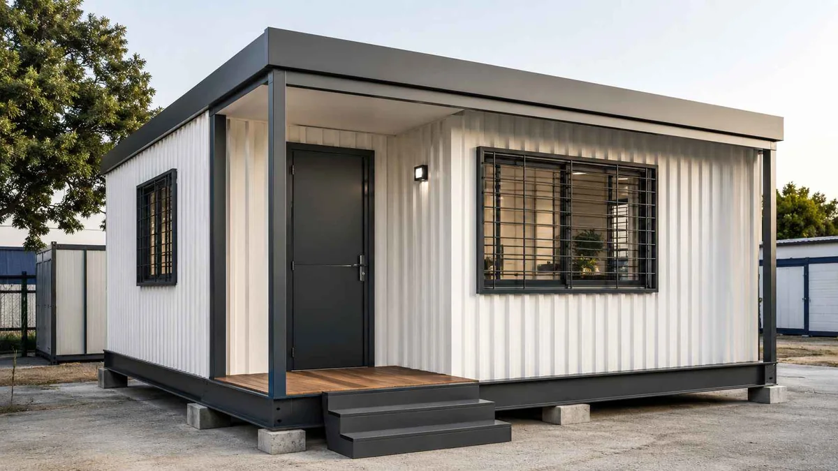 Graphite and white MS porta cabin with verandah step for an Assam site office